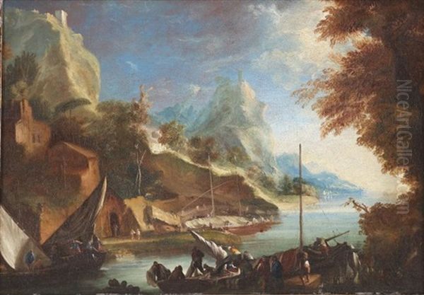 Paesaggio Con Barche E Personaggi Oil Painting by Bartolomeo Pedon