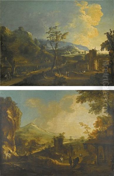 A Pair Of Mountain Landscapes With Travellers On A Road, Both With Ruined Towers And Rural Buildings Oil Painting by Bartolomeo Pedon