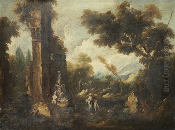 An Italianate Landscape With Figures Approaching A Fountain Amongst Ruined Buildings Oil Painting by Bartolomeo Pedon