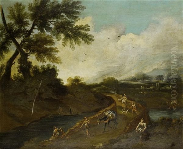 A Wooded Landscape With Travellers And A Mule Crossing A Bridge, With Mountains Beyond; And Travellers On A Bridge Above A Waterfall With A Hilltop Village Beyond (2 Works) Oil Painting by Bartolomeo Pedon