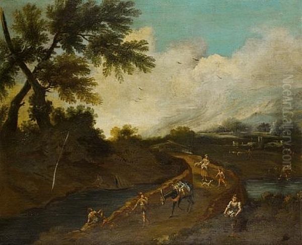 A Wooded Landscape With Travellers And A Mule Crossing A Bridge...(+ Travellers On A Bridge Above A Waterfall With A Hilltop Village Beyond; Pair) Oil Painting by Bartolomeo Pedon