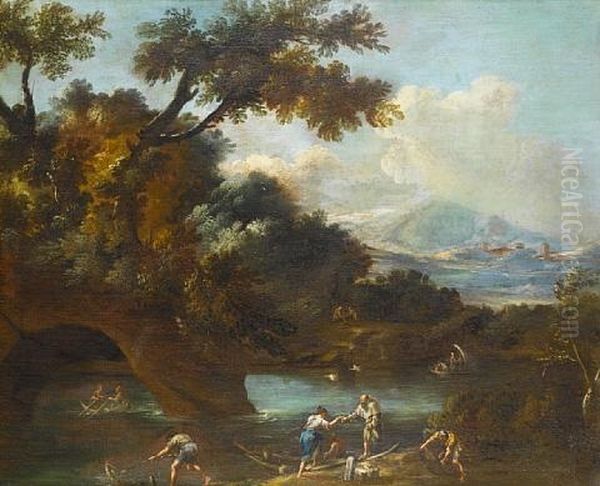 A Wooded Landscape With A Fisherman Drawing In His Catch, Other Figures Loading A Rowing Boat And Other Vessels On A River With Mountains Beyond Oil Painting by Bartolomeo Pedon