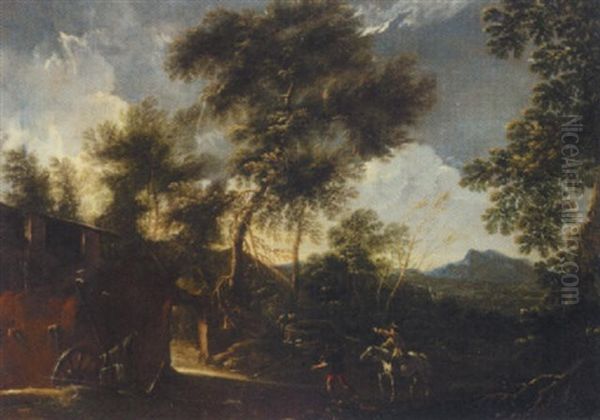 A Landscape With A Man On Horseback And Another Figure Before A House Oil Painting by Bartolomeo Pedon