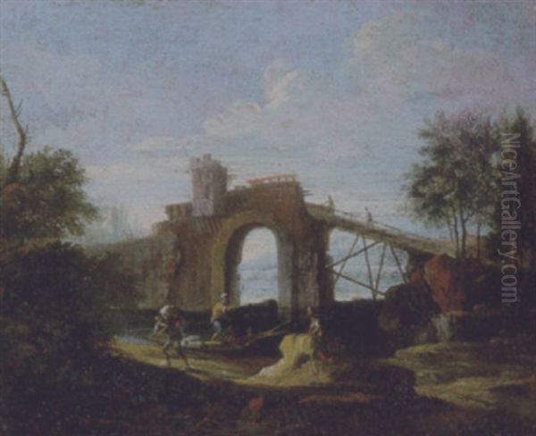 Paesaggio Fluviale Con Un Ponte Diroccato, Un Barcaiolo E Due Astanti Oil Painting by Bartolomeo Pedon