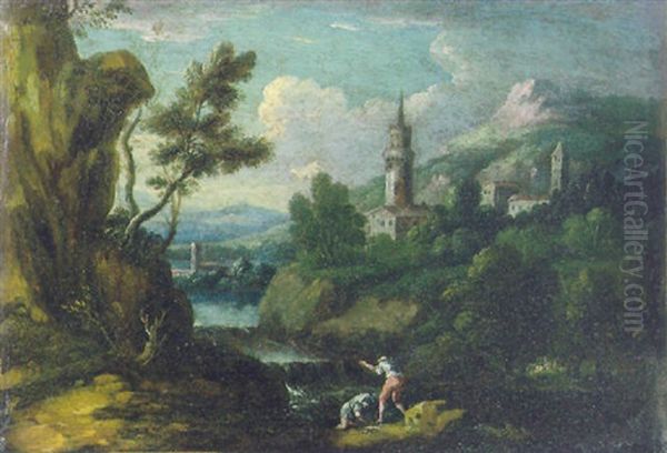 Paesaggio Lacustre Con Due Astanti E Un Borgo Turrito In Lontananza Oil Painting by Bartolomeo Pedon