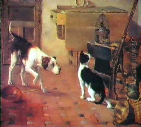 Escena De Interior Con Animales                             Domesticos Y Utiles De Caza Oil Painting by Jose Ostos Pedraza