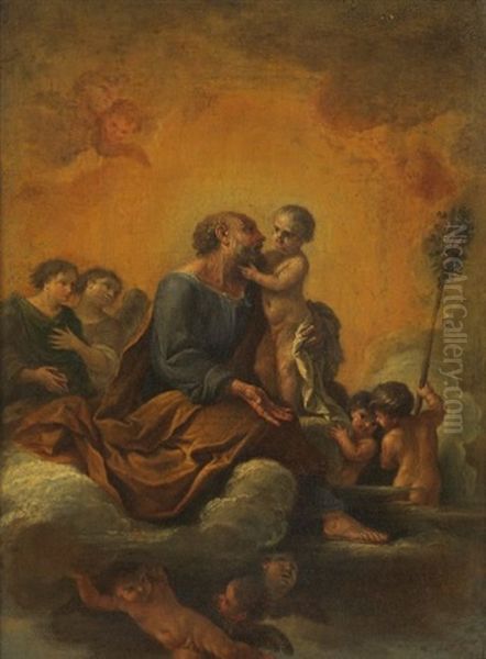 Saint Joseph Et L'enfant Jesus Entoures D'anges Et D'angelots Oil Painting by Domenico Pedrini