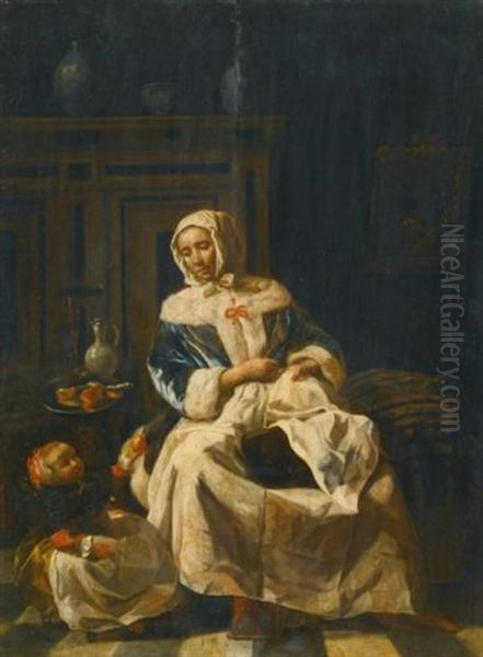 A Mother And Child In An Interior Oil Painting by Jan Van Pee