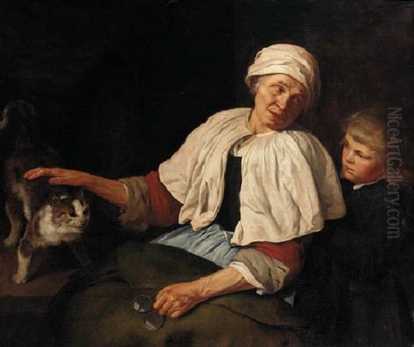 An Elderly Woman With A Boy And A Cat In An Interior Oil Painting by Jan Van Pee