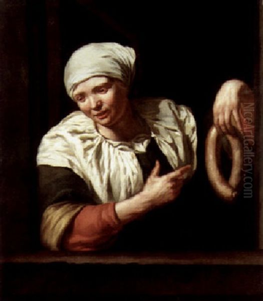 A Woman At A Casement Holding A String Of Sausages And Making A Lewd Gesture Oil Painting by Jan Van Pee