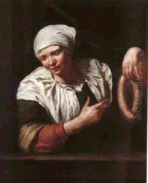 Portrait Of A Young Woman Wearing A Bonnet At A Window, Holding A Sausage Oil Painting by Jan Van Pee