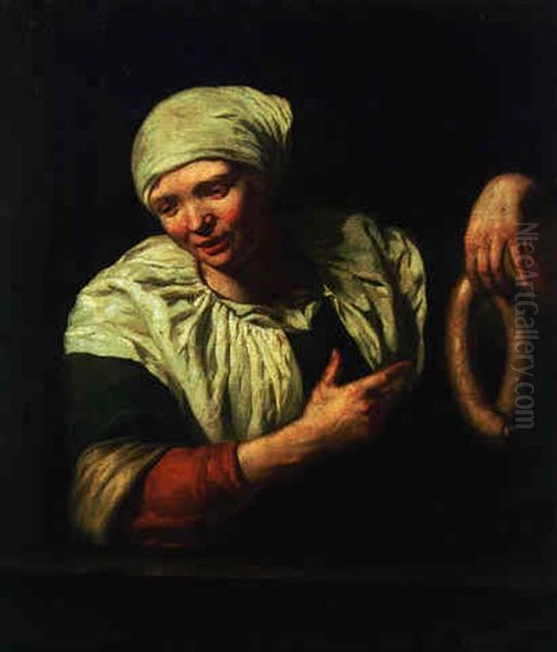 A Woman Pointing At A Sausage Oil Painting by Jan Van Pee