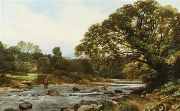 Fisherman In A River Oil Painting by James Peel