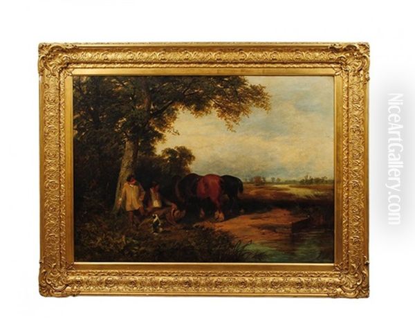 Travelers At Rest With Horses And Dog by James Peel