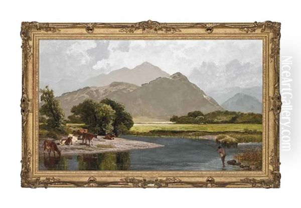 Fishing On The Derwent, Borrowdale Oil Painting by James Peel