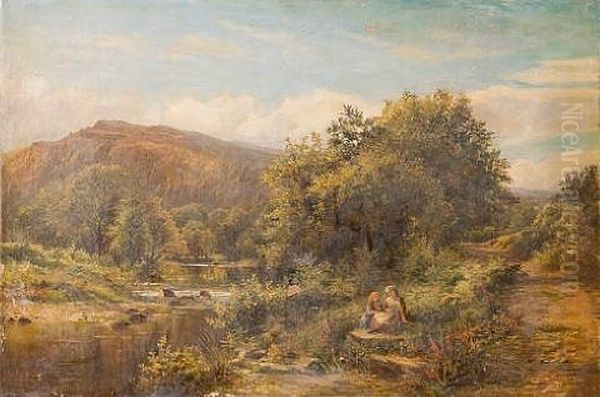 Two Girls Gathering Flowers By A Mountain Stream Oil Painting by James Peel