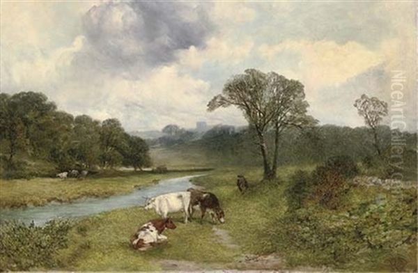 Cattle Grazing Beside The River Wye, With Haddon Hall Beyond by James Peel