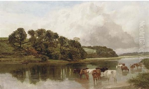 Cattle Watering On A Summer's Day Oil Painting by James Peel