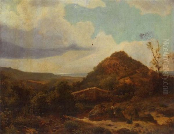 Figures And A Dog Resting In An Extensive Rolling Landscape Oil Painting by James Peel