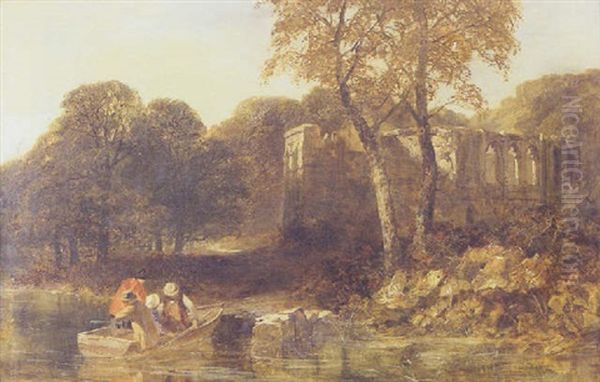 River Landscape With An Abbey Beyond (easby Abbey?) Oil Painting by James Peel