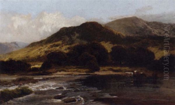 Cattle Watering, Near Beddgelert Oil Painting by James Peel