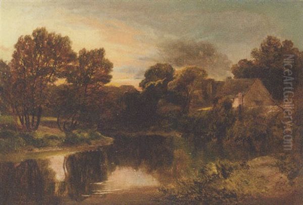 A Ruined Abbey On The Bank Of A Tranquil River Oil Painting by James Peel