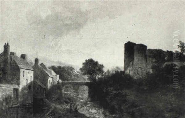 Anglers By A Village, A Ruined Castle Overlooking Oil Painting by James Peel