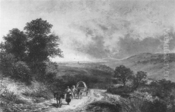 A Country Landscape With Peasants And A Cart On A Track Oil Painting by James Peel