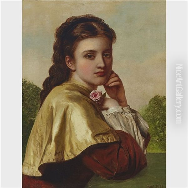 Lady In Satin Cape With Pink Rose, Ca. 1880 Oil Painting by Paul Peel