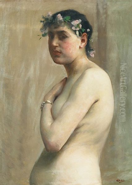 Female Nude With Floral Head Wreath Oil Painting by Paul Peel