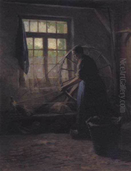 Woman With Spinning Wheel Oil Painting by Paul Peel