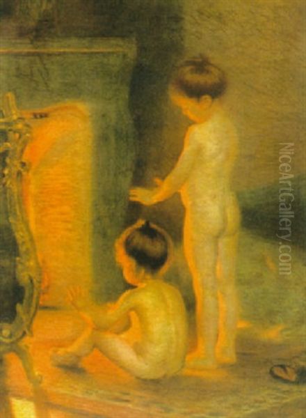 Children Warming Themselves By The Fire Oil Painting by Paul Peel