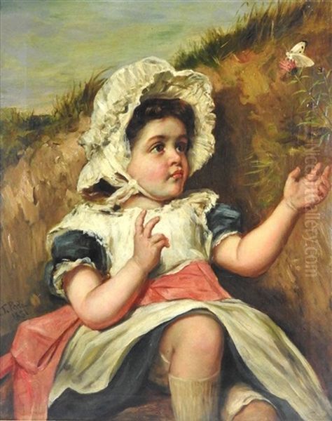 Young Girl In A Bonnet Watching A Butterfly Beside A Bank Oil Painting by John Thomas Peele