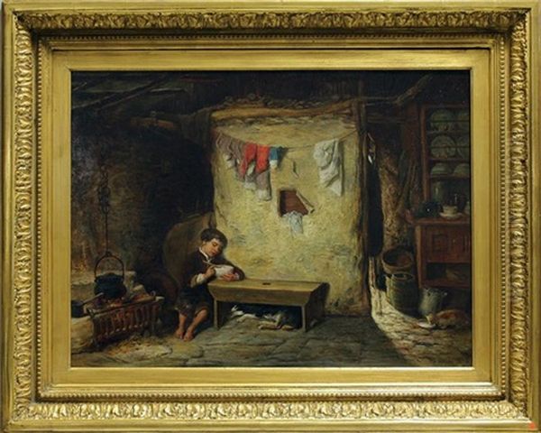 Stubeninterieur Mit Seine Suppe Essendem Jungen, Zu Seinen Fusen Schlafender Hund Und Katze An Der Trinkschale Oil Painting by John Thomas Peele