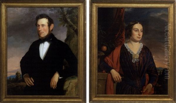 Portrait Of A Man In A Landscape (+ Portrait Of A Woman Beside A Stone Ledge; Pair) Oil Painting by John Thomas Peele