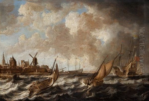 Barcos En La Tempestad Con Ciudad Al Fondo Oil Painting by Bonaventura Peeters the Elder