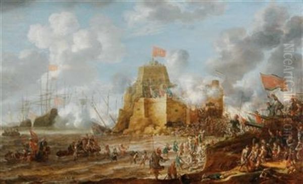 A Coastal Landscape With Turkish Soldiers Attacking A Christian Fortress Oil Painting by Bonaventura Peeters the Elder