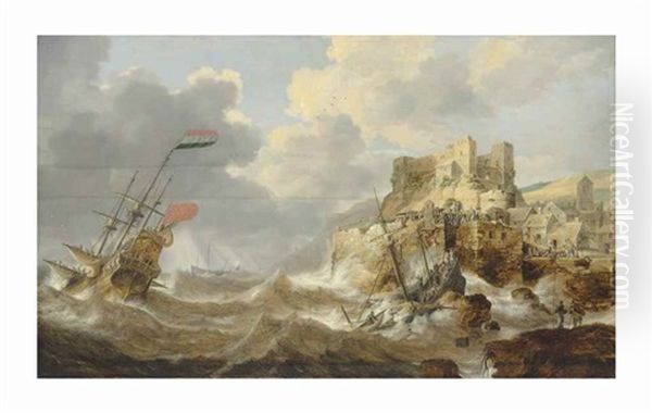 A Coastal Landscape With A Dutch Three-master In Distress And A Shipwreck By A Fortified Town Oil Painting by Bonaventura Peeters the Elder