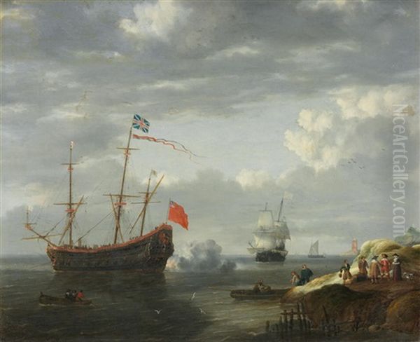 Shipping Firing A Salute Close To The Shore Oil Painting by Bonaventura Peeters the Elder