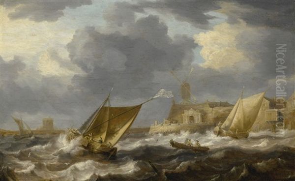 Vessels And A Rowing Boat On Choppy Waters, Near A Small Harbor Town With A Windmill, Possibly Hoboken Oil Painting by Bonaventura Peeters the Elder