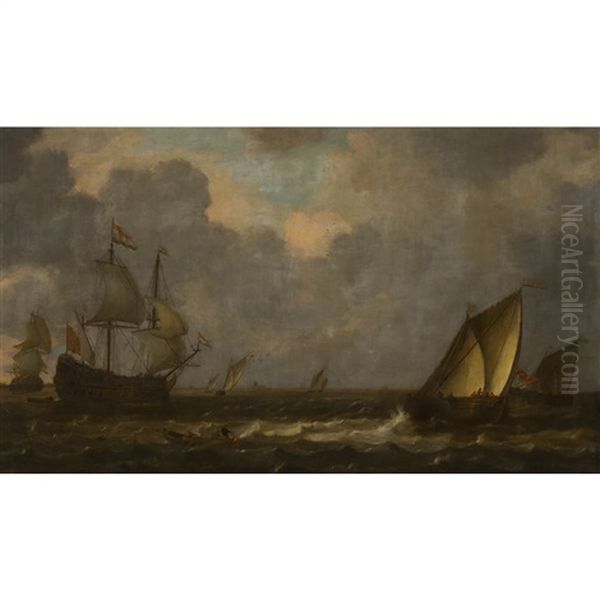 Man Of War, Fishing Barges And Rowing Boat In Rough Seas Oil Painting by Bonaventura Peeters the Elder