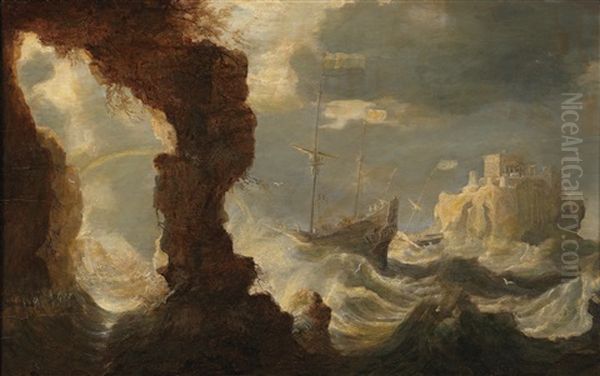 A Ship In A Tempest Off A Rocky Coast Oil Painting by Bonaventura Peeters the Elder