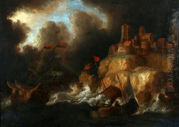 Ships On A Stormy Sea Off A Rocky Coast Oil Painting by Bonaventura Peeters the Elder