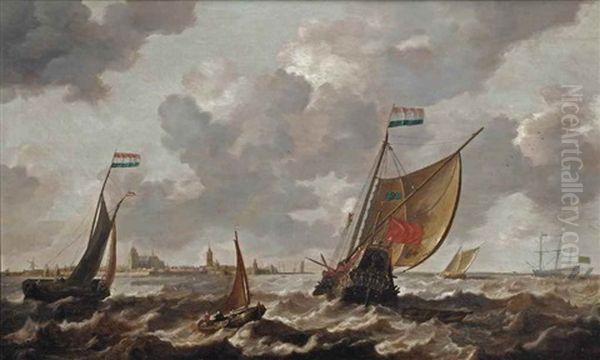 A Dutch Man-of-war And Other Ships In Choppy Waters Before The Town Of Veere Oil Painting by Bonaventura Peeters the Elder