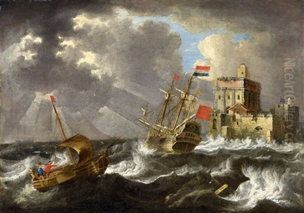 Dutch Sailing Ships In Stormy Seas Oil Painting by Bonaventura Peeters the Elder