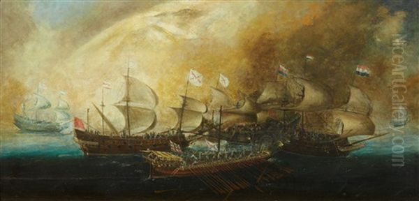 A Naval Battle Oil Painting by Bonaventura Peeters the Elder