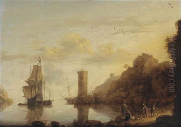 An Italianate, Mountainous Bay With Dutch Ships At Anchor, Figures Resting On The Shore Before A Tower Oil Painting by Bonaventura Peeters the Elder