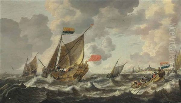 A Rowing Vessel Approaching A Zeeland States Yacht Firing A Salute, In Choppy Sees Off Vlissingen, With Other Shipping Beyond Oil Painting by Bonaventura Peeters the Elder