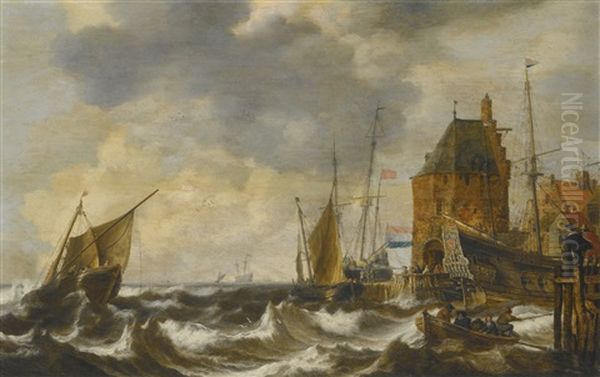 Dutch Vessels And A Rowing Boat On Choppy Waters By A Small Harbour Town, A Man O War Safely Moored And Two Gentlemen Overlooking The Scene In The Foreground Oil Painting by Bonaventura Peeters the Elder