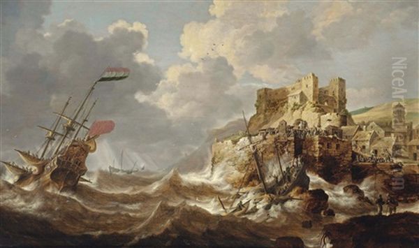 A Coastal Landscape With A Dutch Three-master In Distress, A Shipwreck In The Foreground And A Castle On A Hill Top Nearby Oil Painting by Bonaventura Peeters the Elder